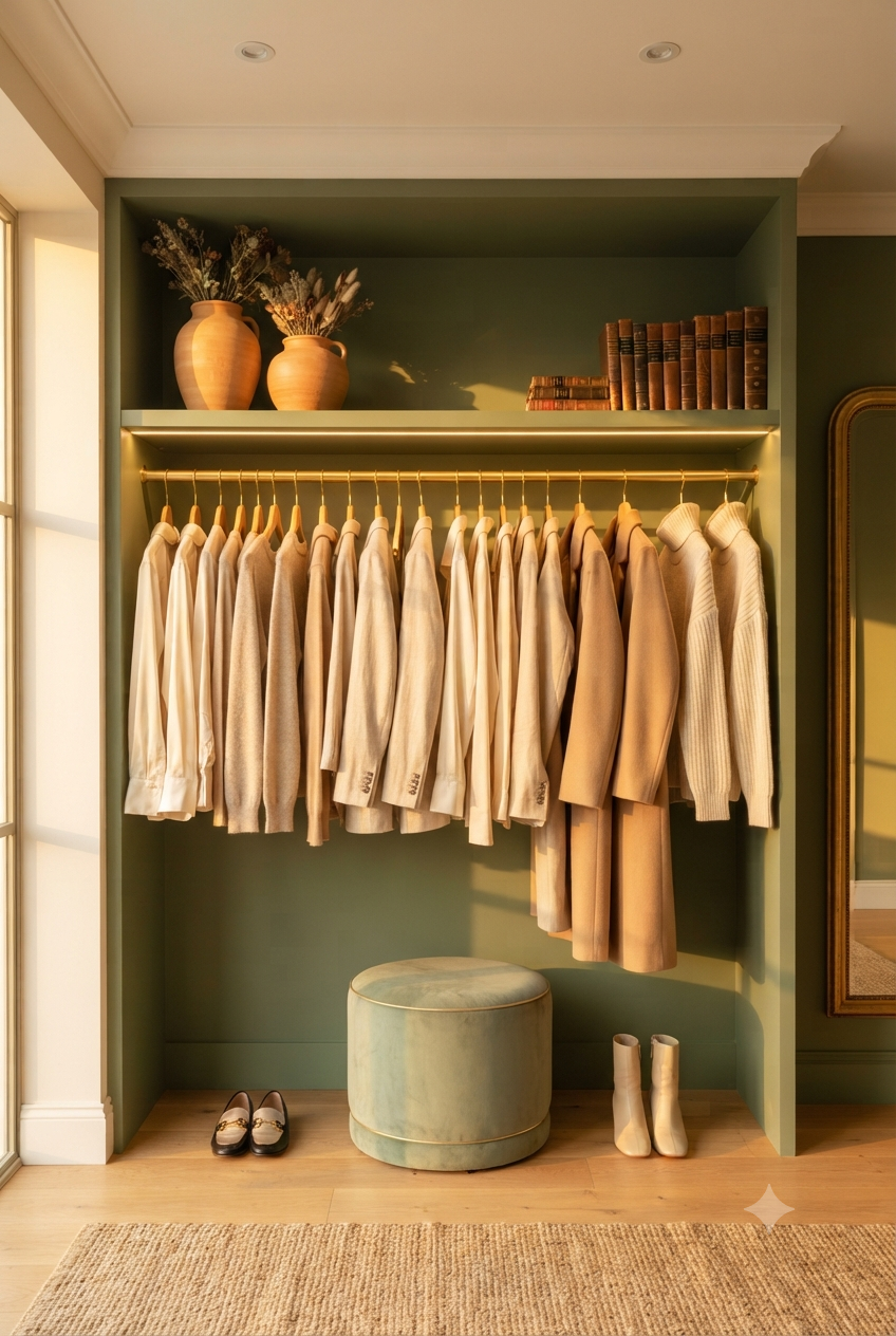 Closet rail with visible space between uniform hangers