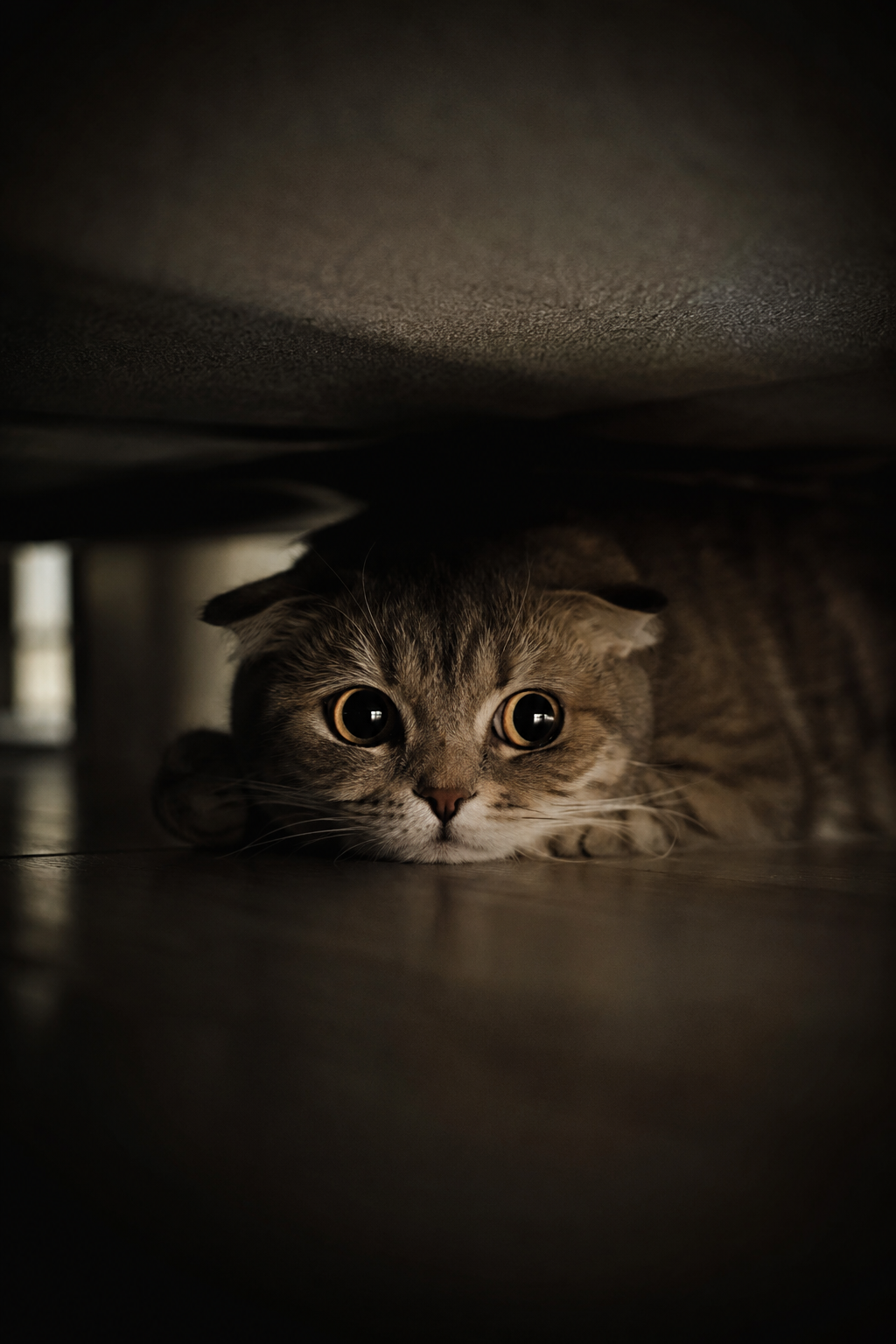 anxious cat hiding under furniture