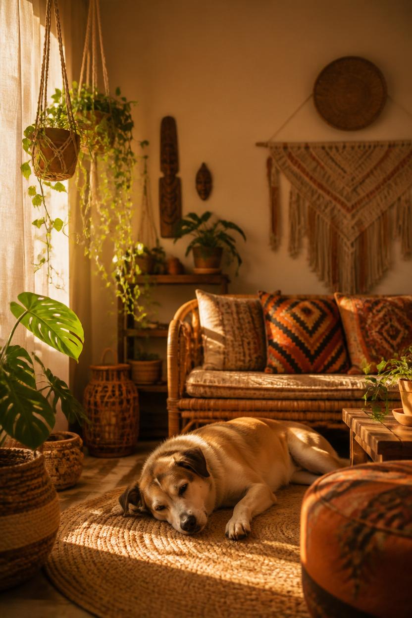 bohemian living room dog resting