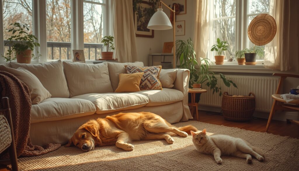 dog cat bonding trust cozy living room