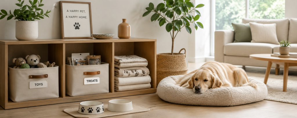 living room pet toy treat storage shelf hero
