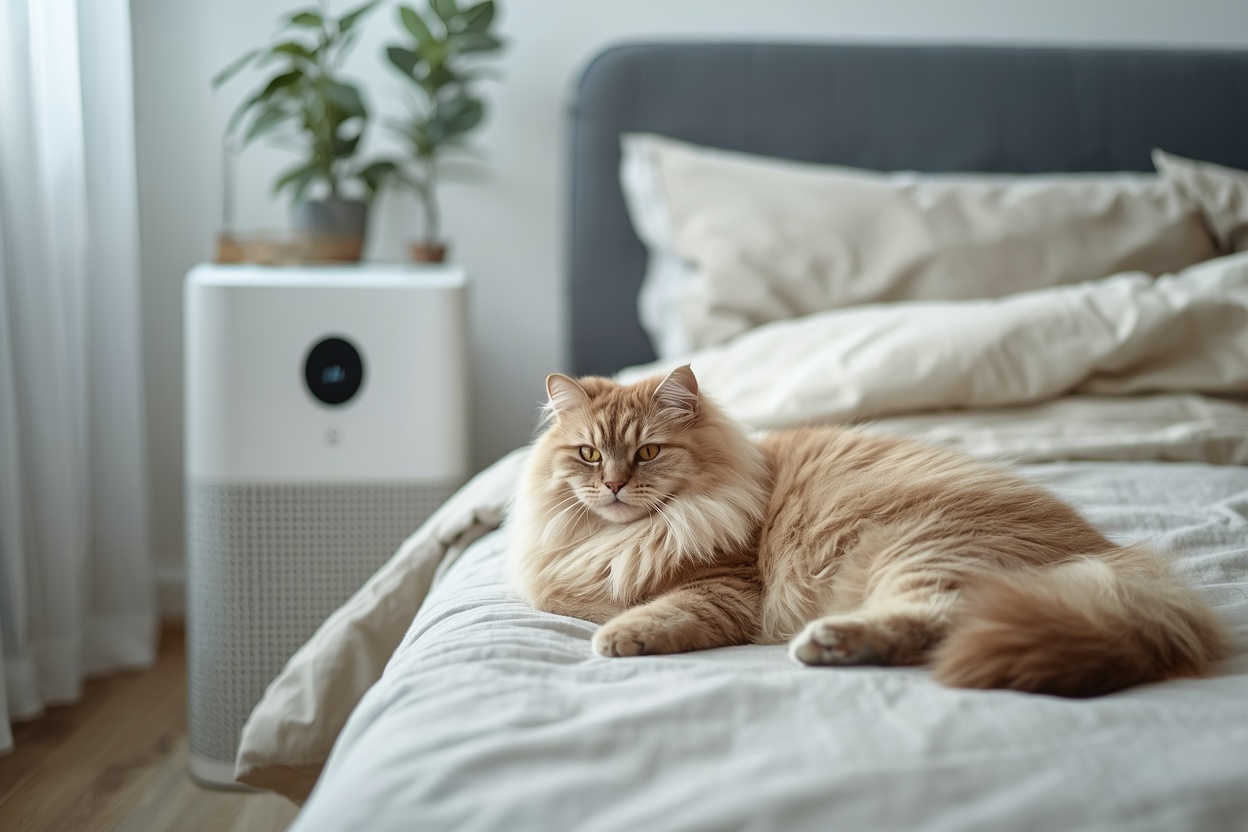 siberian cat relaxing beside modern air purifier