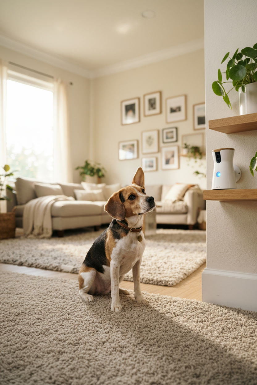 smart pet camera beagle living room