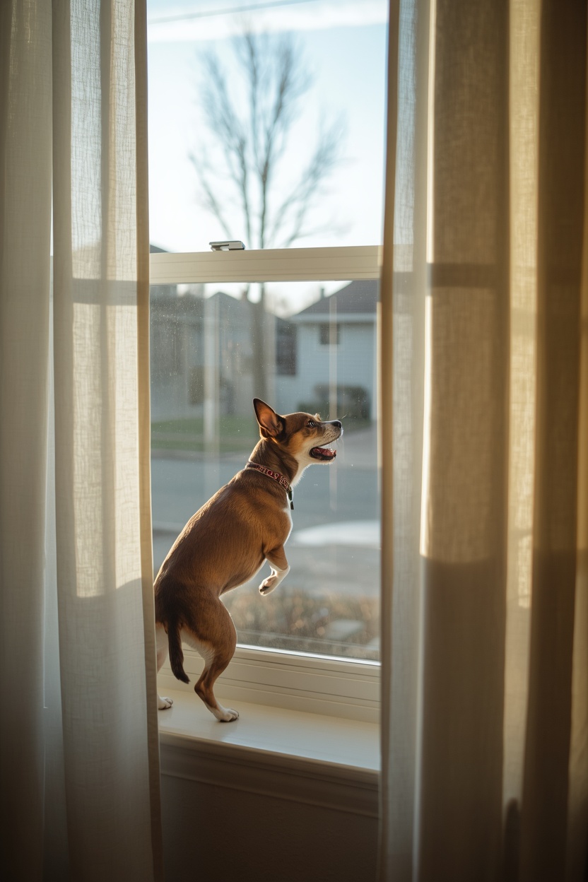 Dog barking at a window as people pass by outside