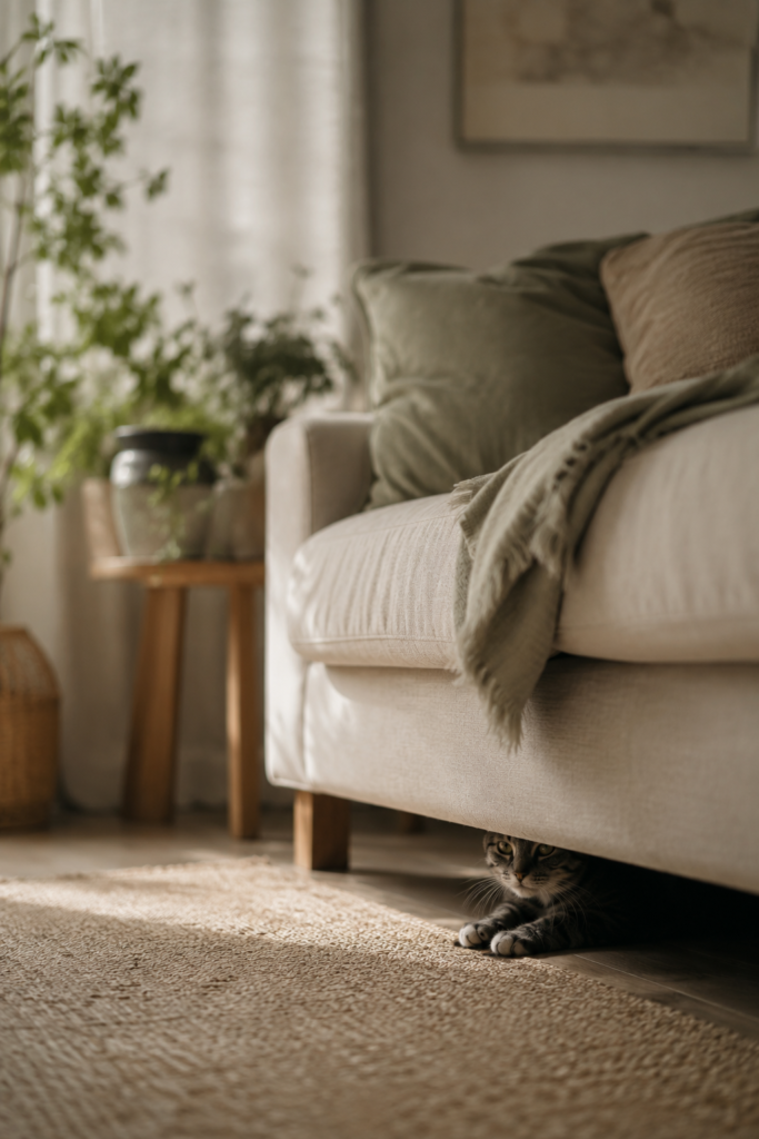 anxious cat hiding under sofa hero