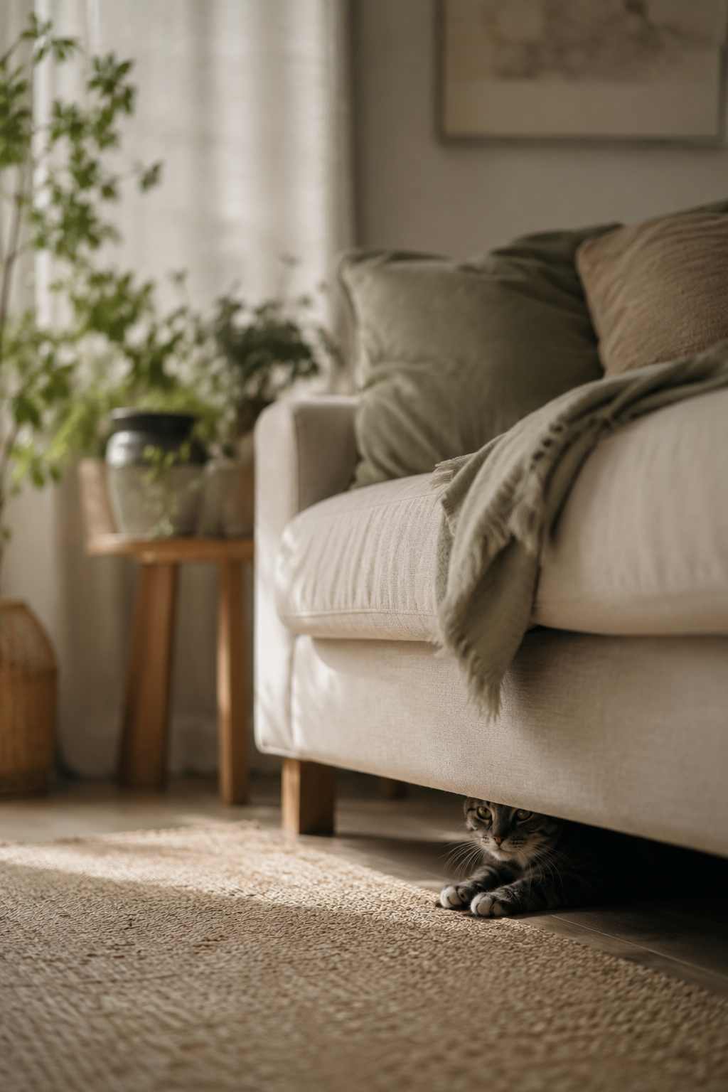 Cat hiding quietly under furniture