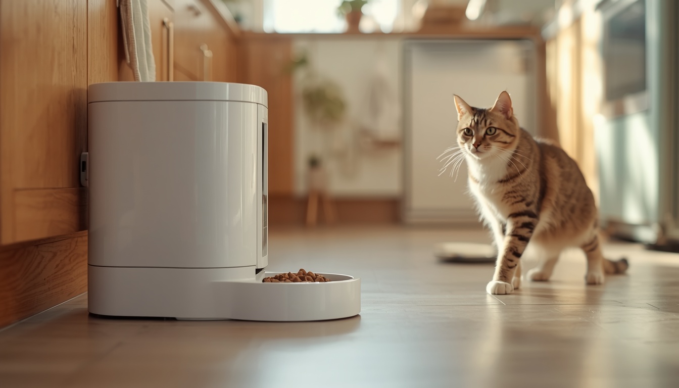 Automatic pet feeder dispensing kibble on a schedule