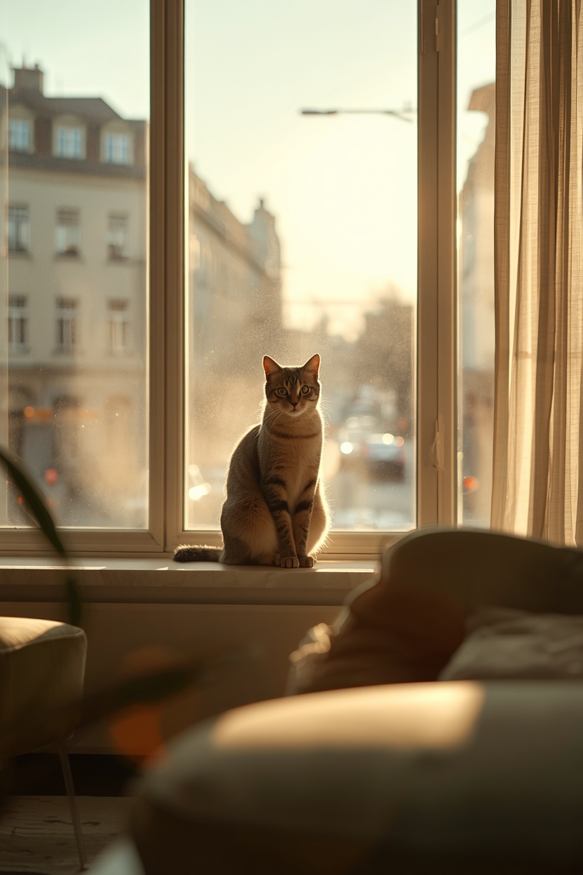 Cat sitting alert near a busy window