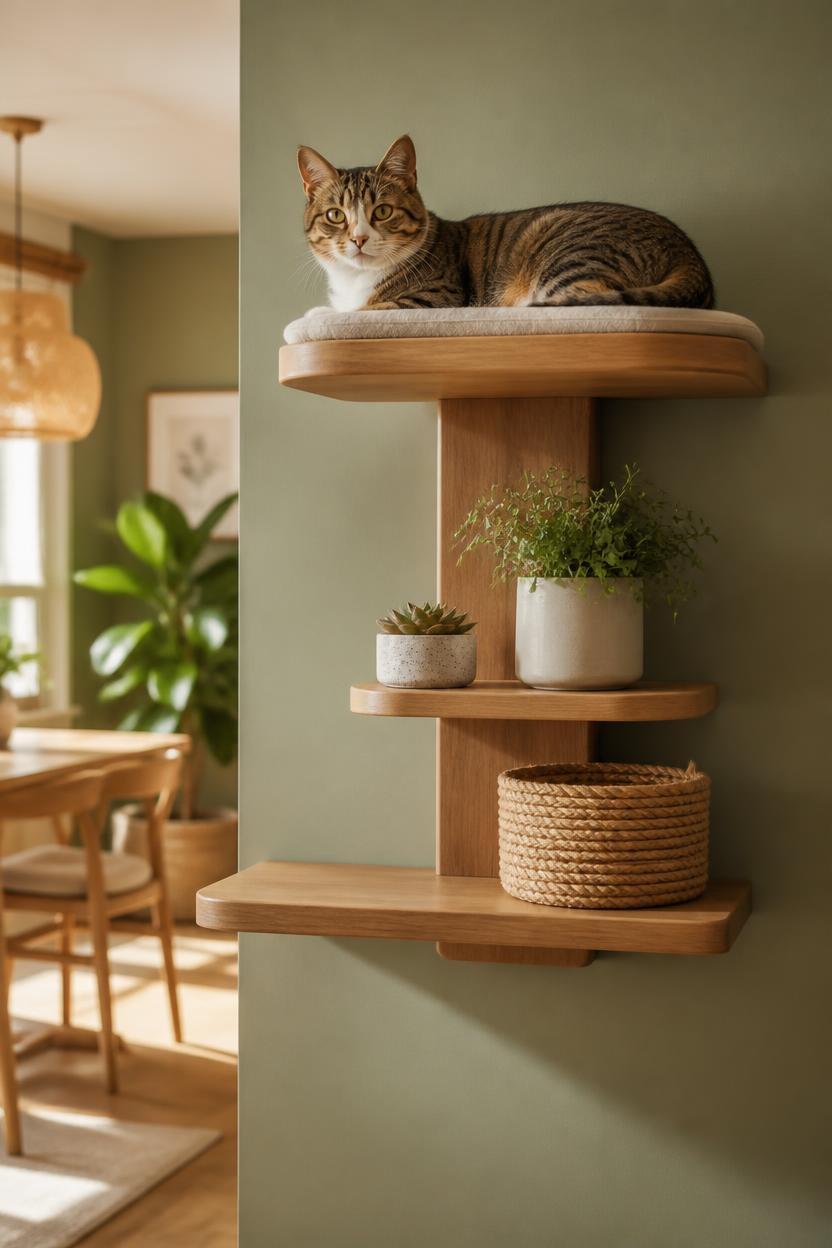 Cat resting on a vertical shelf perch away from foot traffic