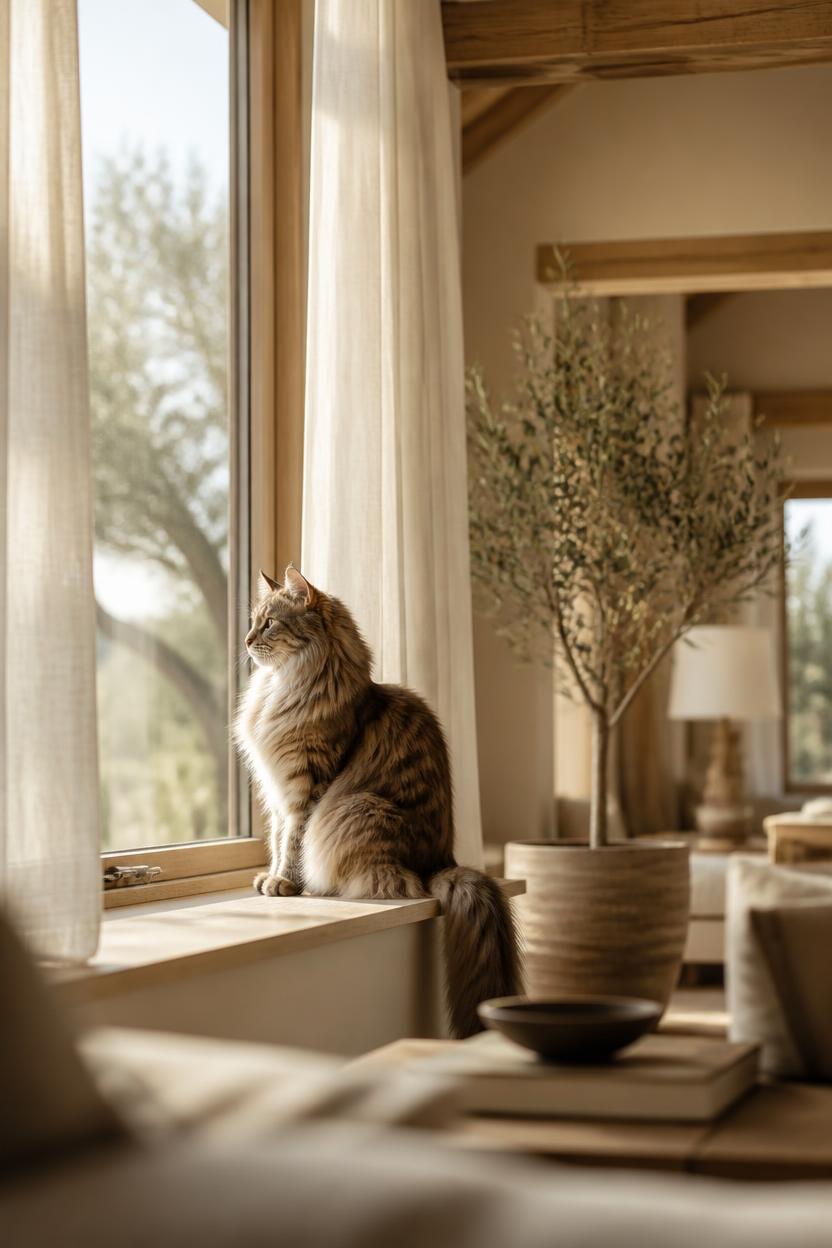 Cat watching an open-concept living space from a window