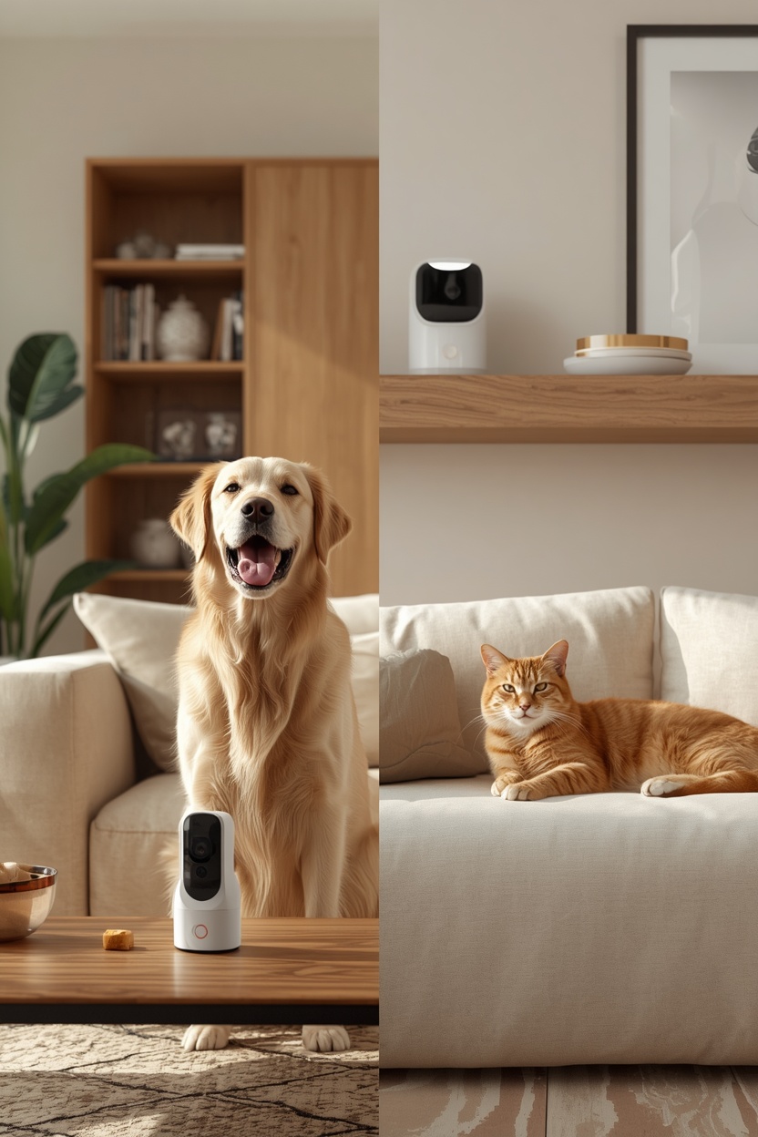 Pet Camera vs. Security Camera: Which is Better for your Pet? Pet-focused camera and home security camera comparison with a dog and cat