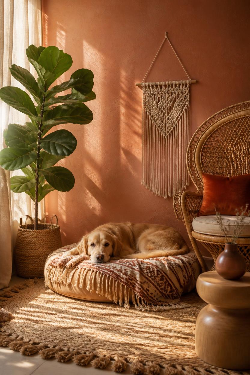 Dog resting in a calm, uncluttered living room corner