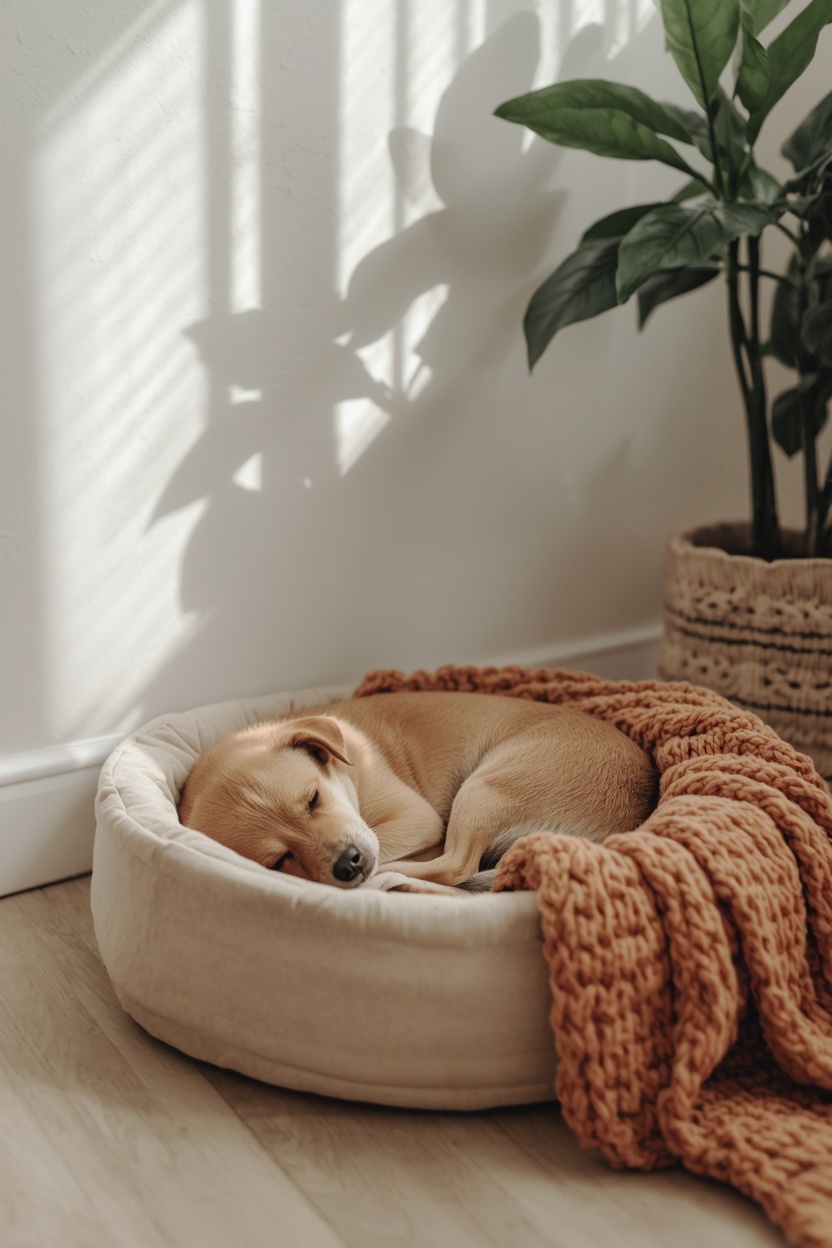 Dog resting calmly in a quiet corner bed