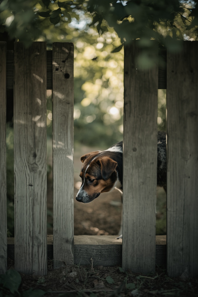 Dog sniffing along a backyard fence line