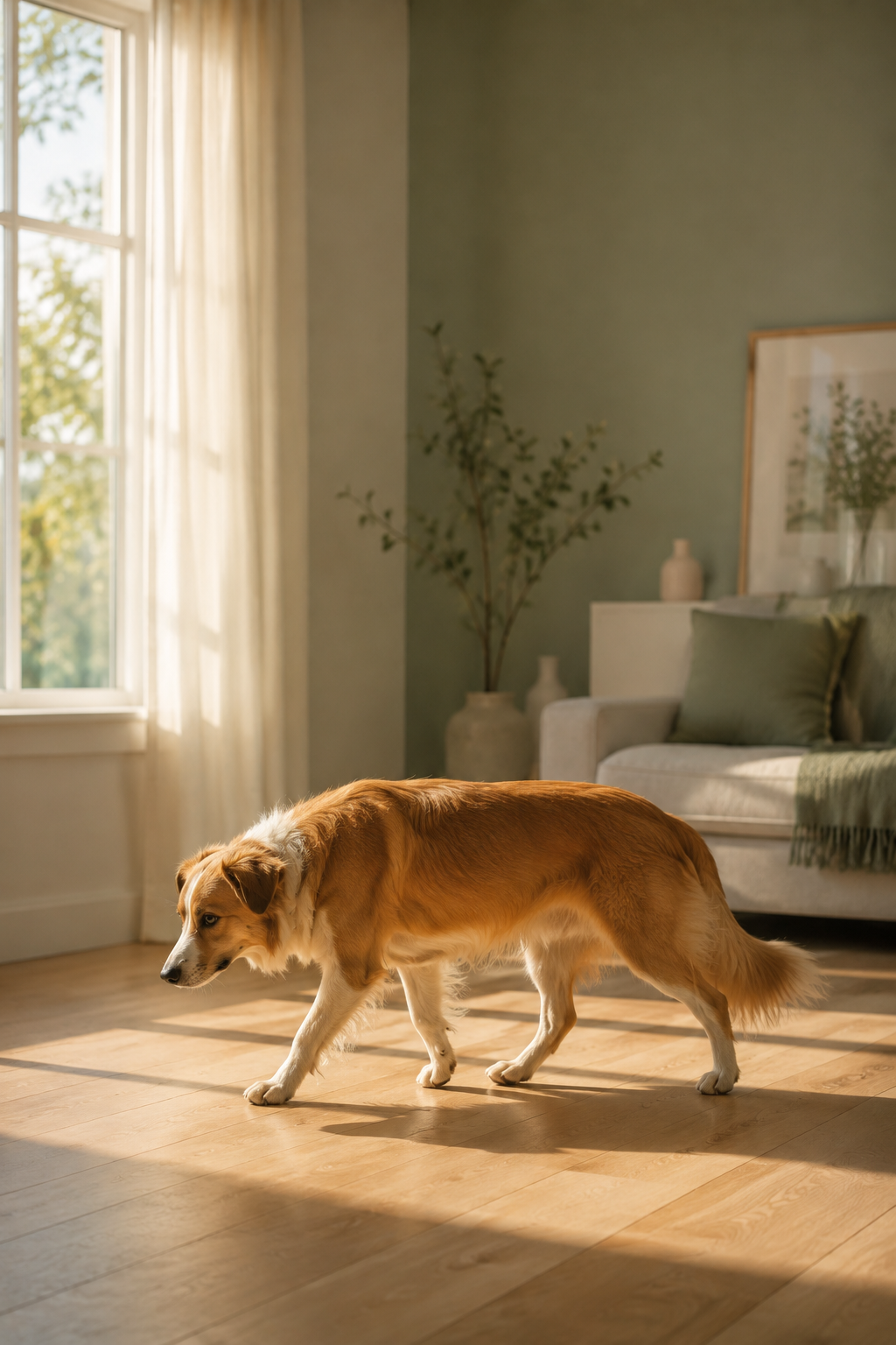 Dog pacing anxiously in an empty living room