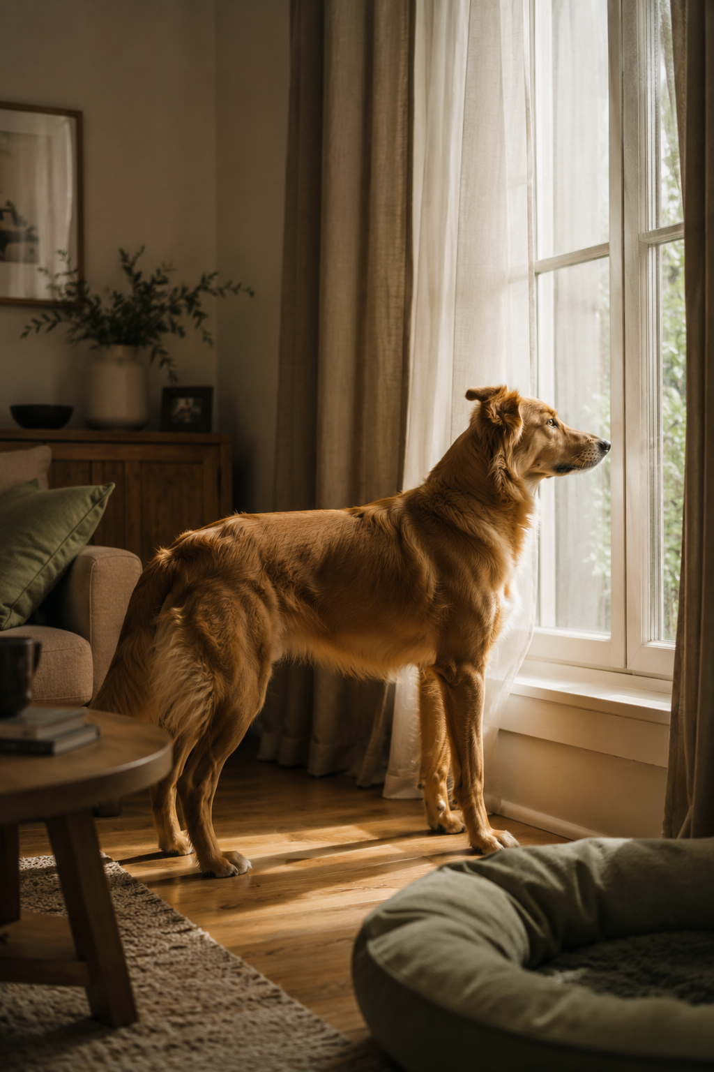 Dog pacing near a window looking alert