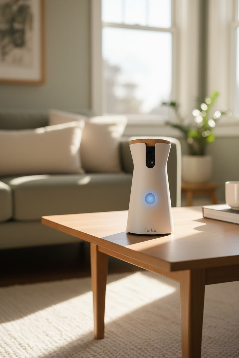 Smart pet camera mounted in a cozy living room corner