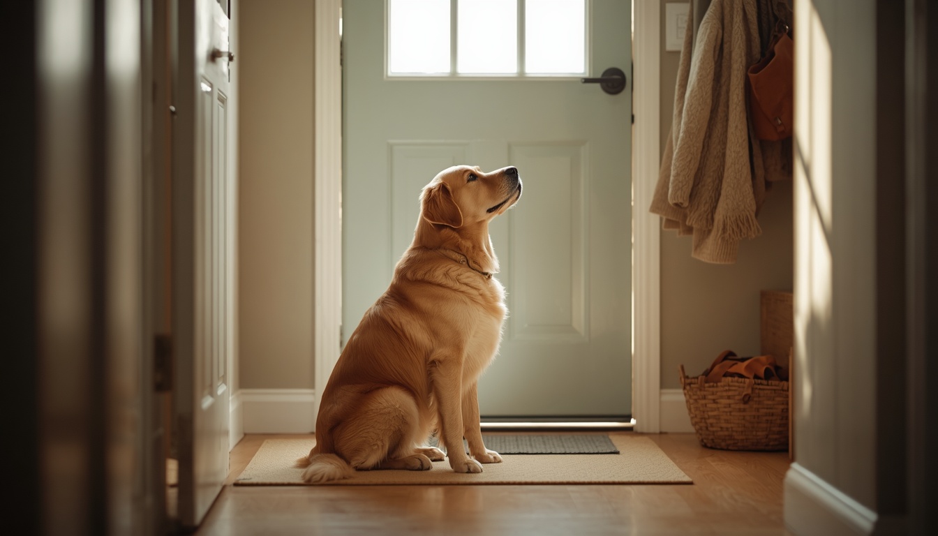 Dog waiting anxiously by the front door as owner leaves for work
