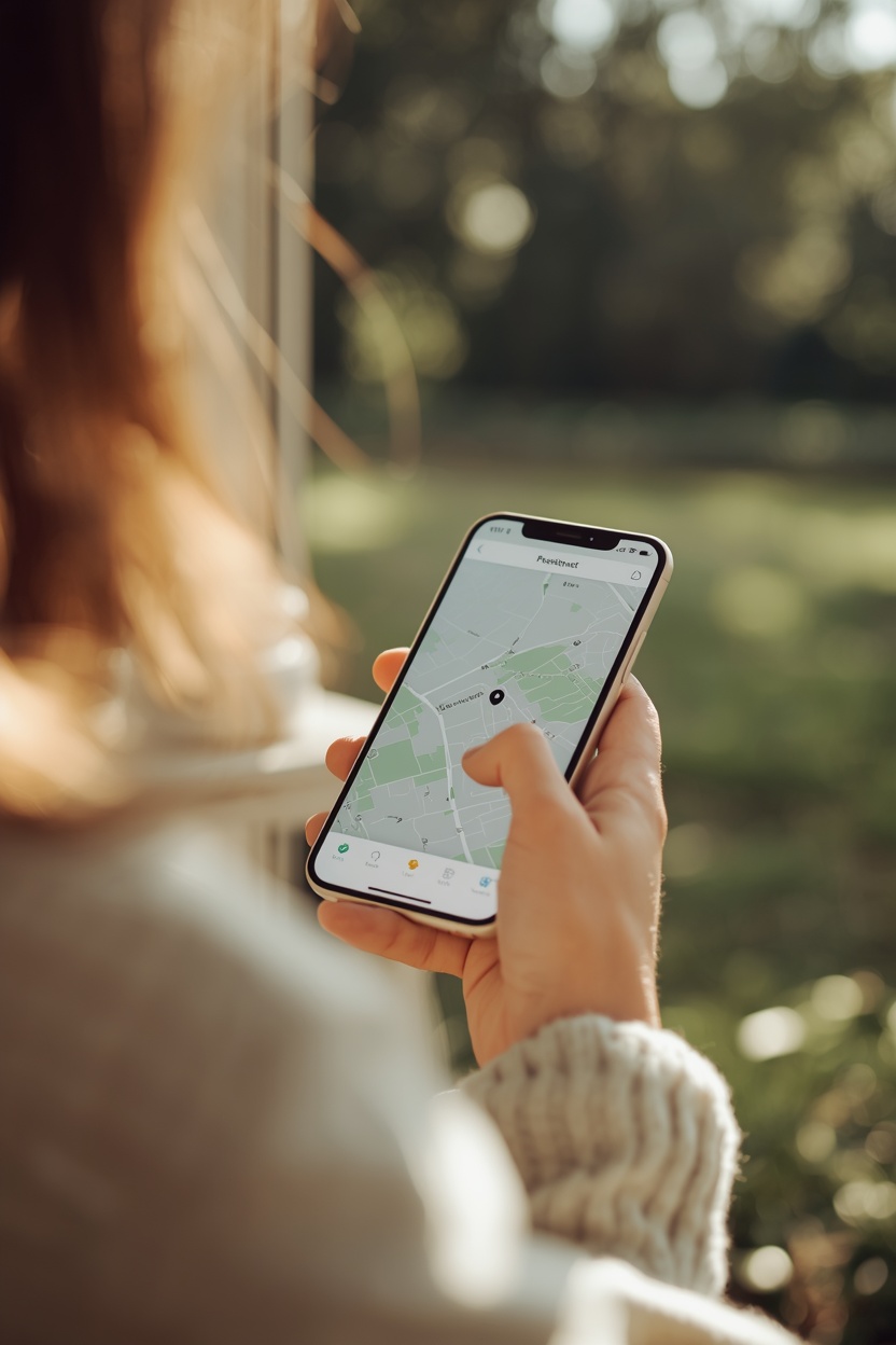 Owner checking a pet GPS tracking app on a phone outdoors