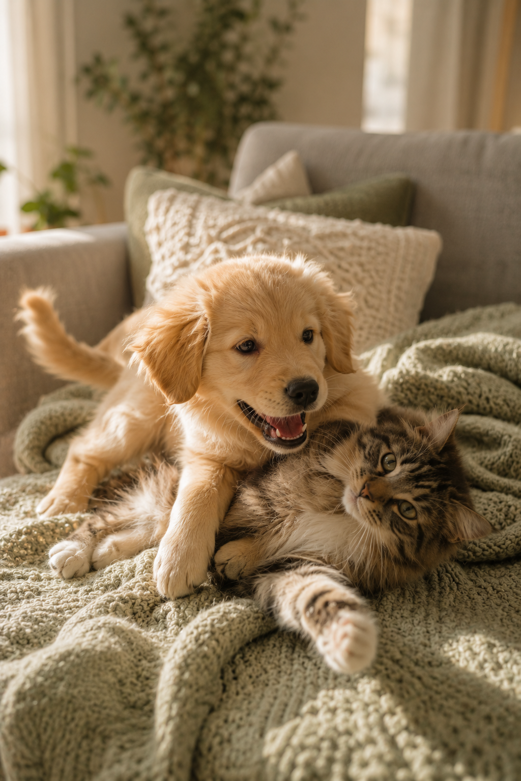 Two pets playing together in a living room