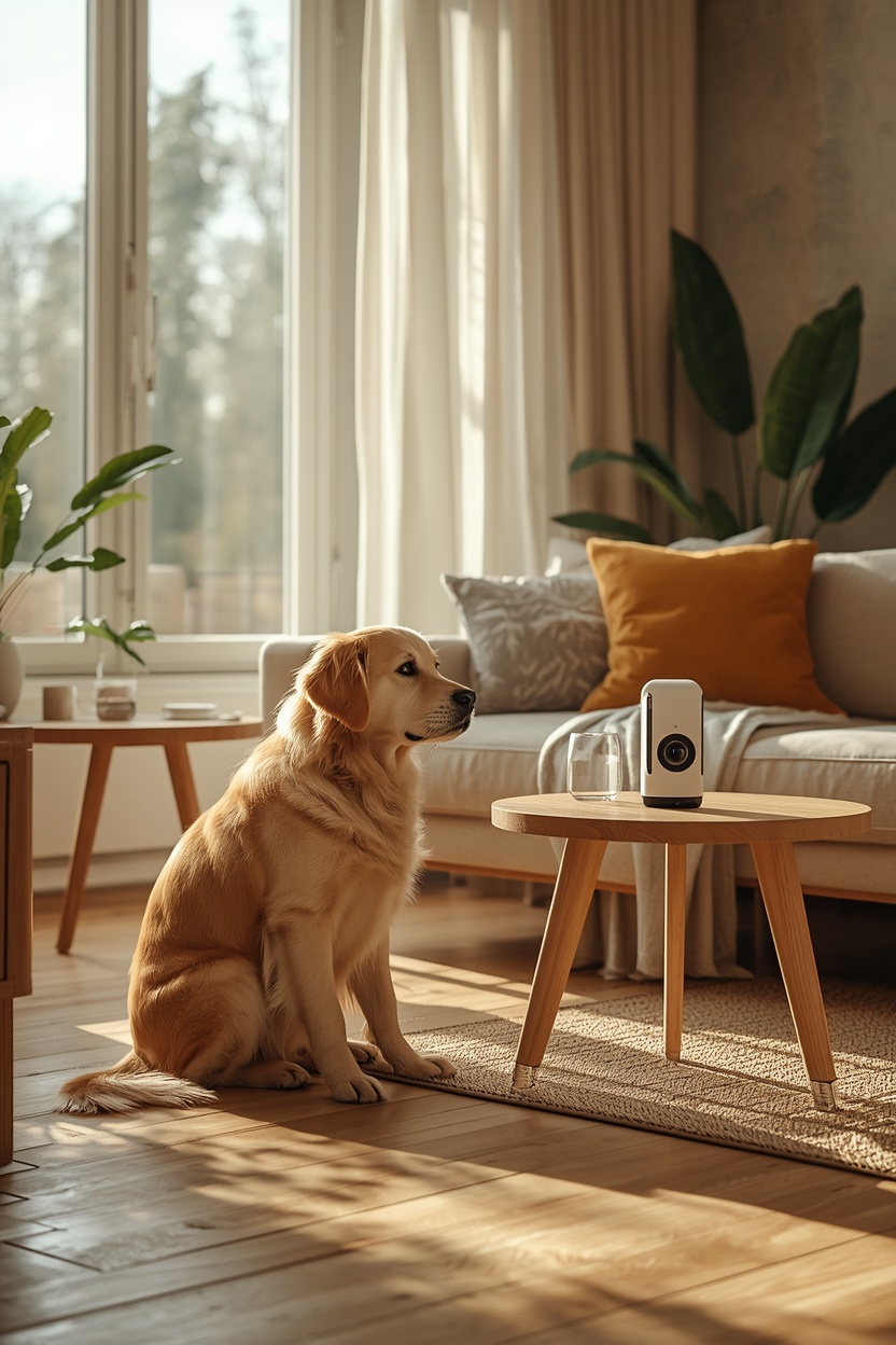 Pet Camera vs. Security Camera: Which is Better for your Pet? Golden retriever looking at an indoor pet camera in a cozy living room