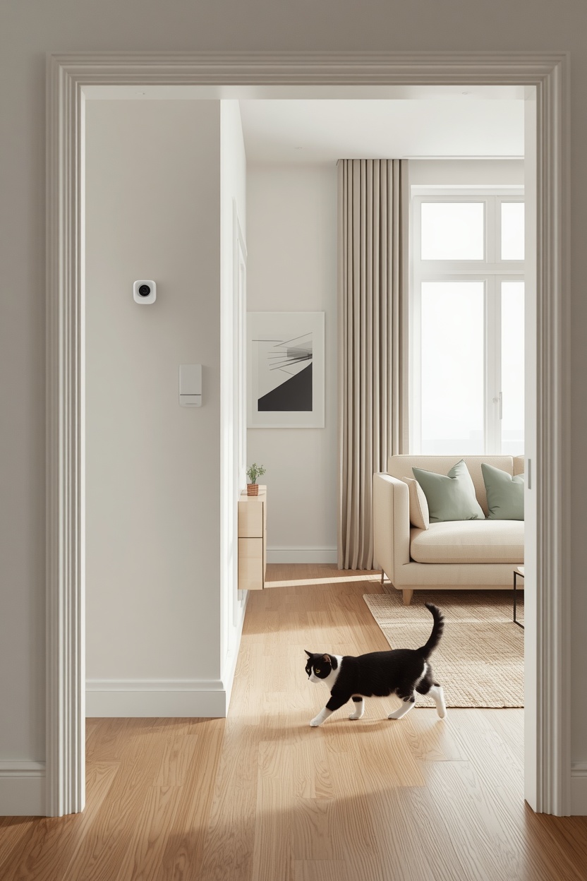 Pet Camera vs. Security Camera: Which is Better for your Pet? Indoor security camera monitoring a cat in a stylish living room