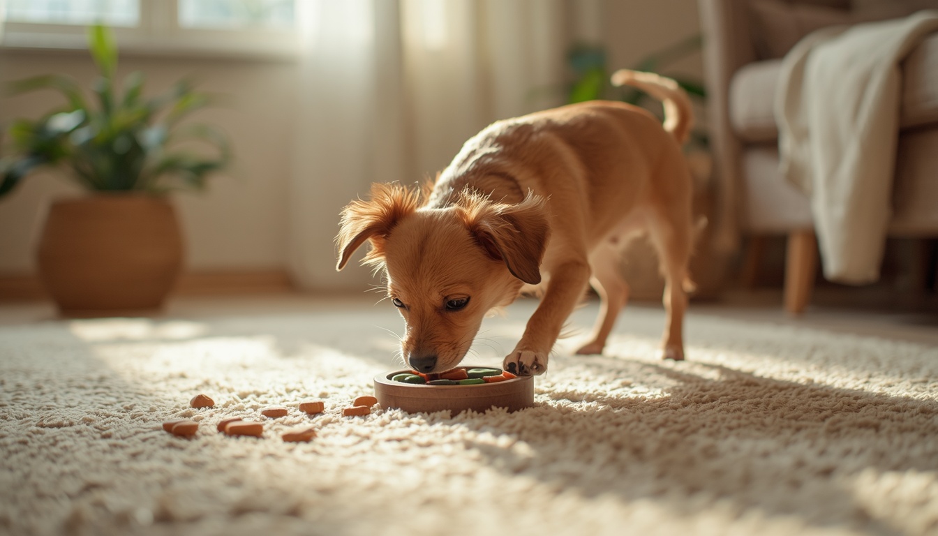 Dog playing with an interactive treat-dispensing puzzle toy