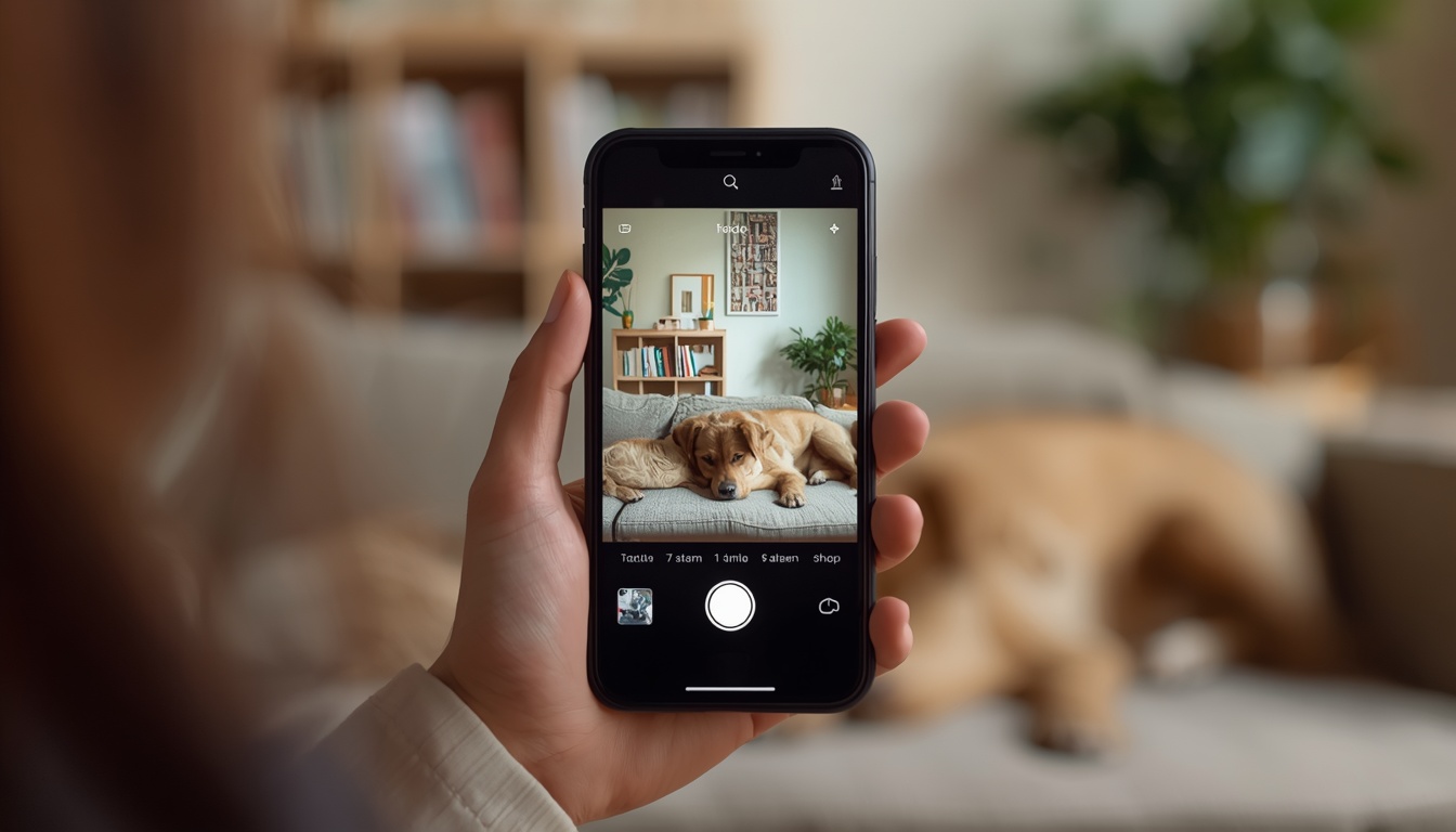 Phone screen showing a live pet camera feed of a dog resting on the couch