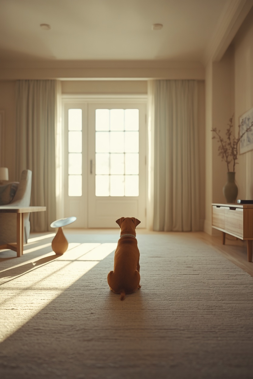 Dog alone in living room near a pet camera