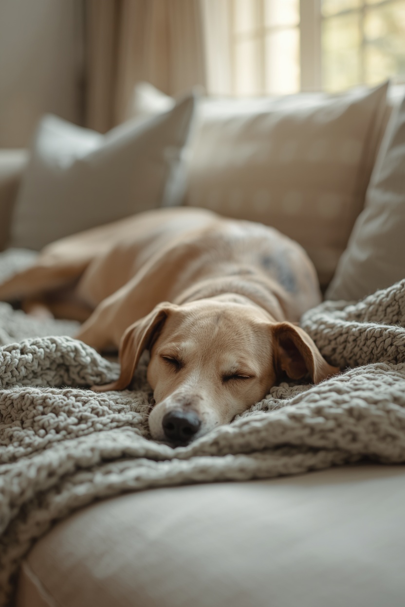 Dog lying down looking lower energy than usual on a rug