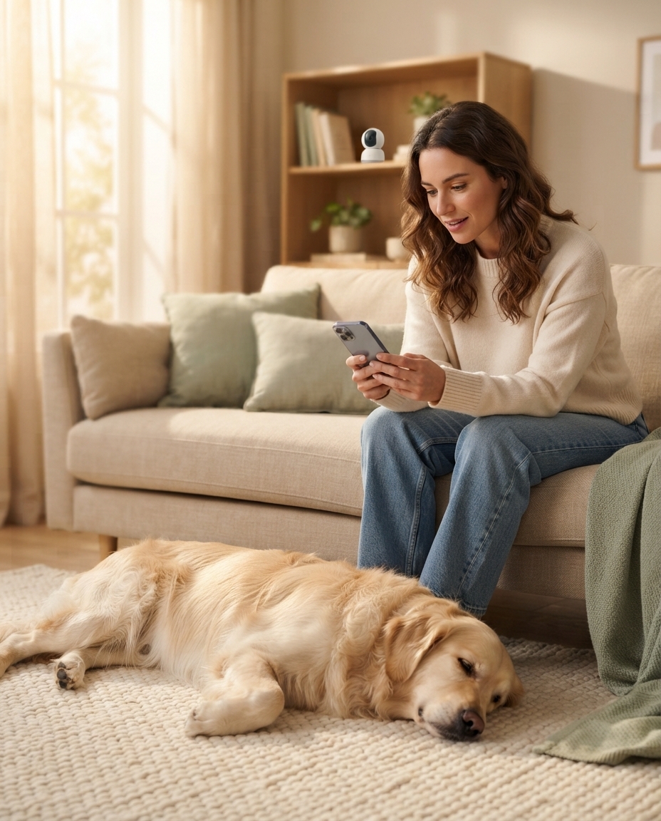 Pet Camera vs. Security Camera: Which is Better for your Pet? Pet owner checking a dog through a pet camera app on a smartphone