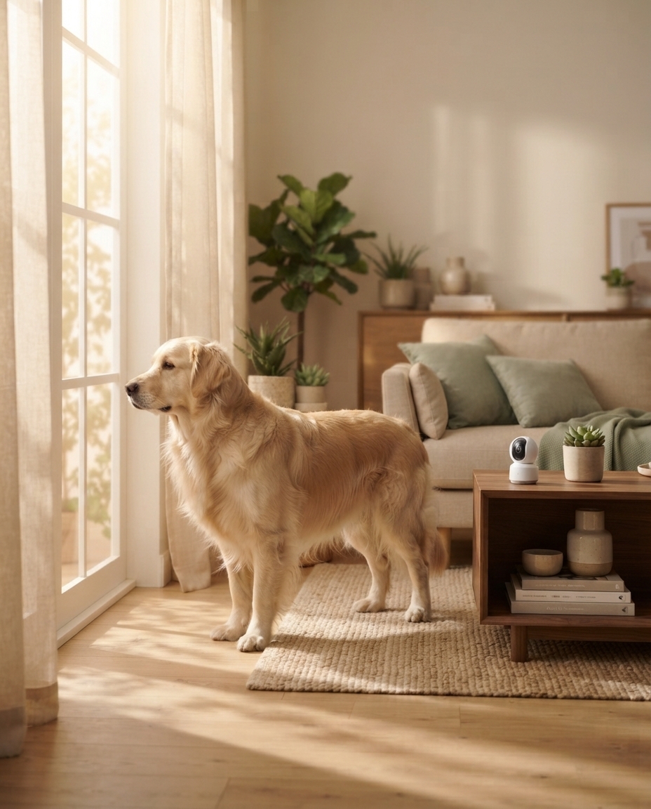 Pet Camera vs. Security Camera: Which is Better for your Pet? Golden retriever near a window with a discreet pet camera