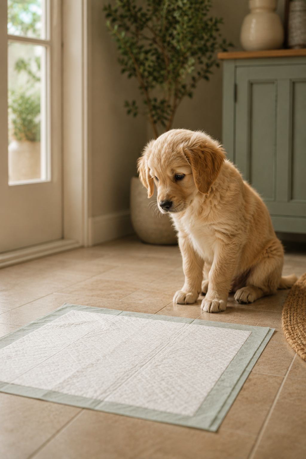 Puppy near a potty training pad indoors