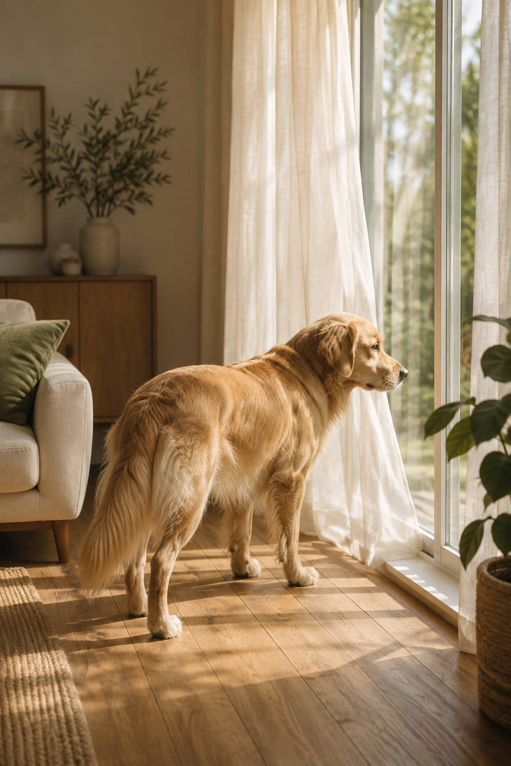 Restless dog pacing near a living room window