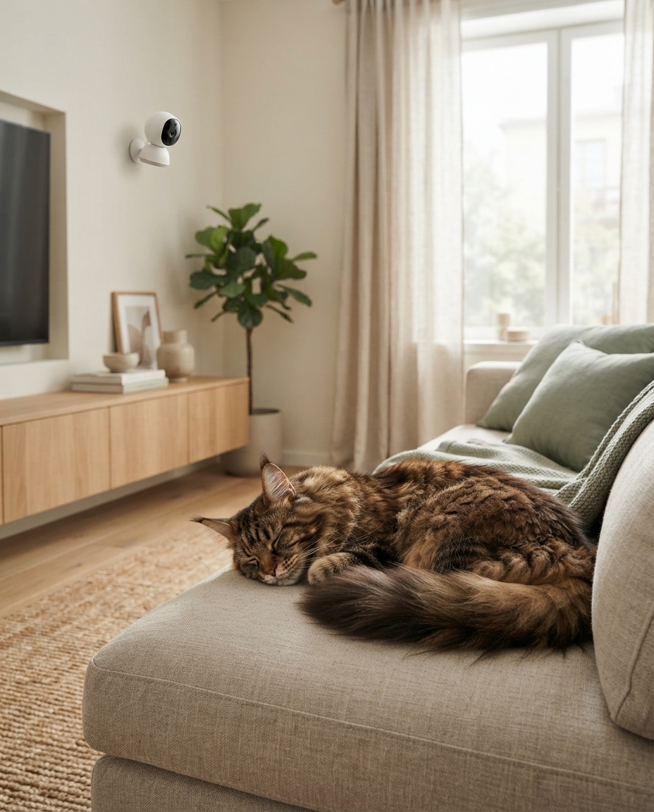 Pet Camera vs. Security Camera: Which is Better for your Pet? Cat sleeping peacefully while an indoor security camera monitors the room