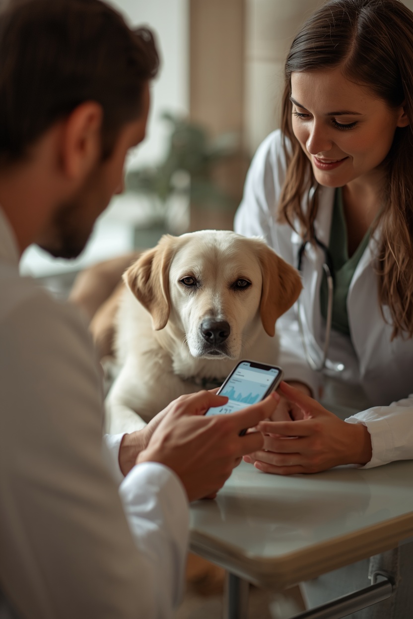 Owner showing pet activity data on a phone to a veterinarian
