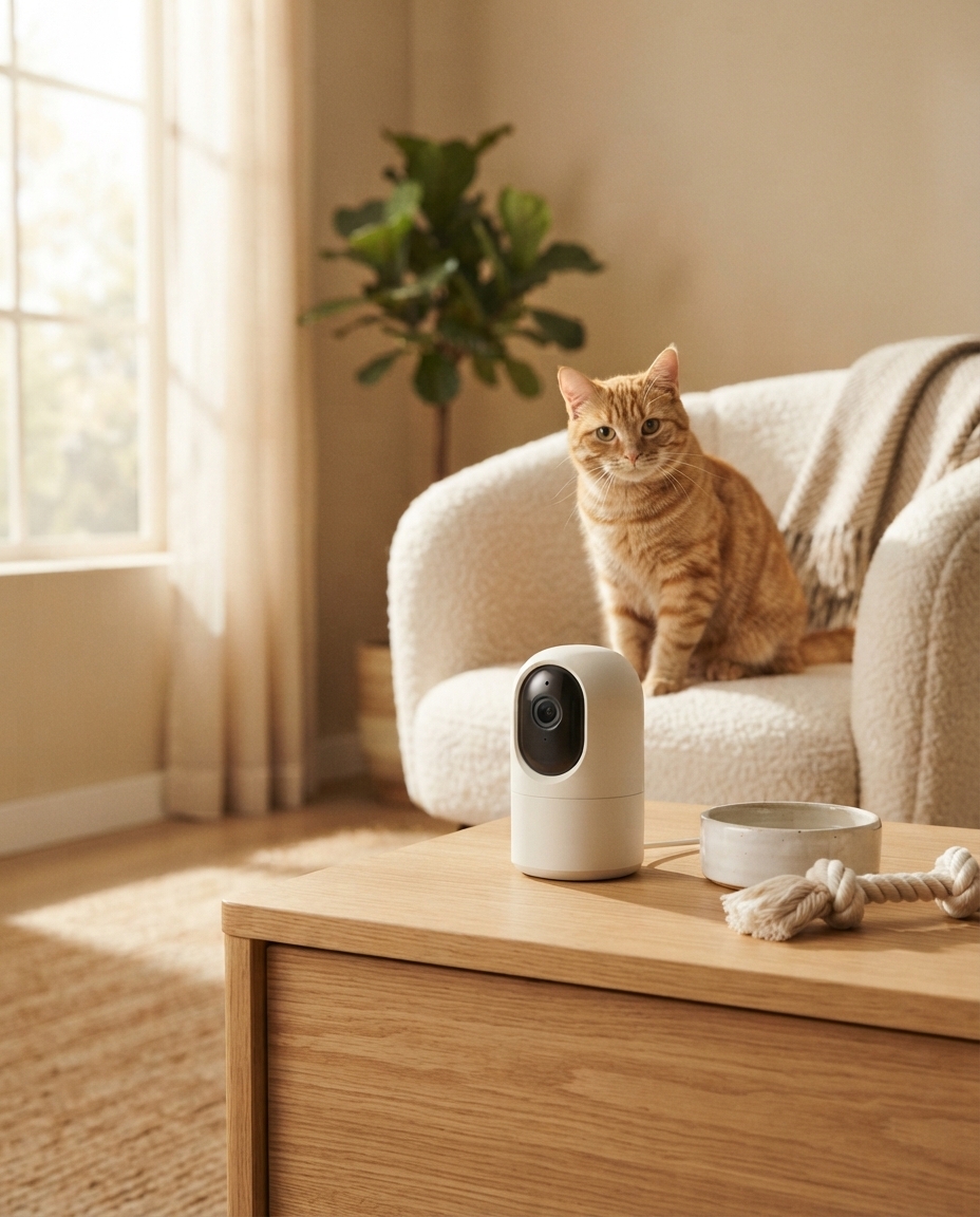 Pet Camera vs. Security Camera: Which is Better for your Pet? Modern pet camera with a dog softly blurred in the background