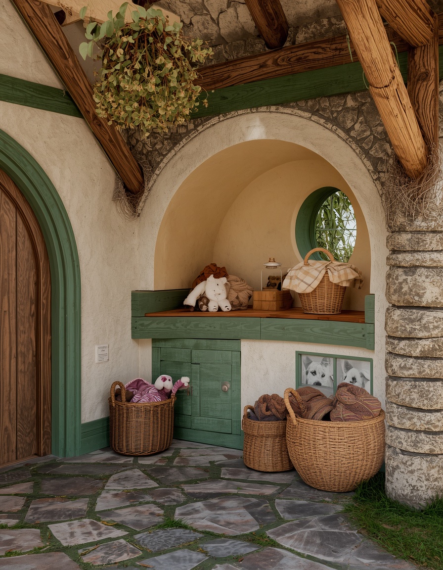 Woven baskets holding pet toys, blankets and everyday items beside a wooden cabinet