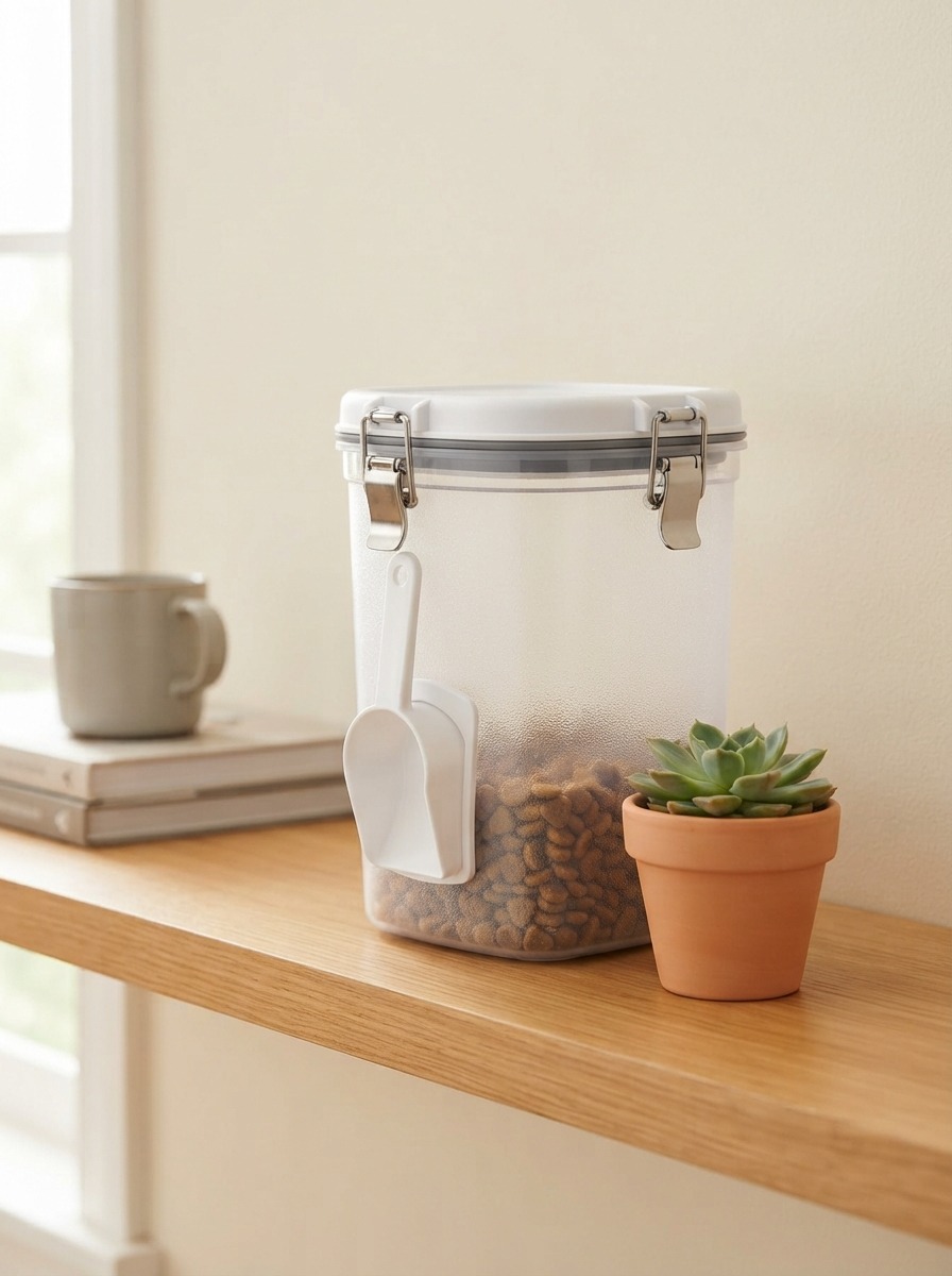 Airtight pet food storage container on a kitchen shelf