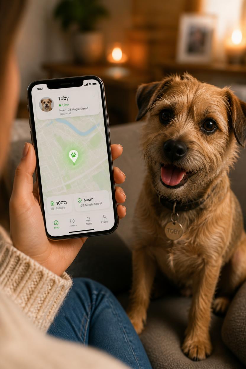 Pet owner checking a tracking app on a smartphone with a dog nearby