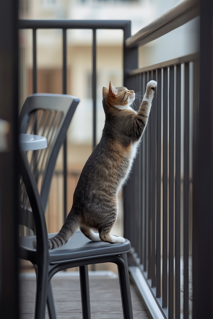 Cat about to jump from a balcony chair up onto the railing