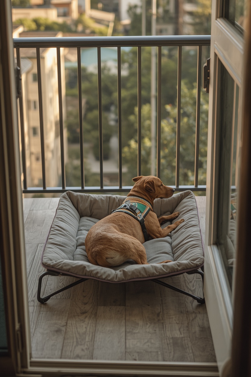 Dog wearing a harness and tether relaxing safely on a balcony under supervision