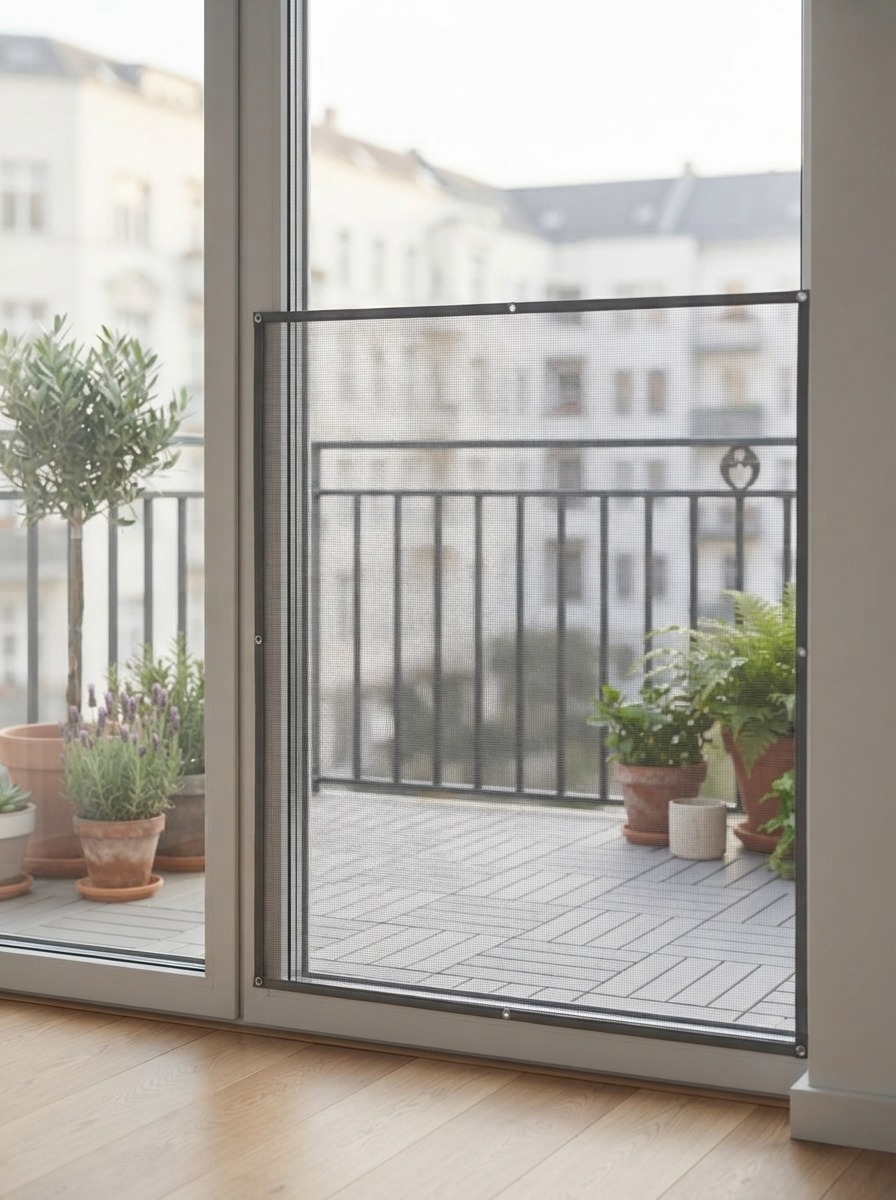 Balcony fitted with a durable mesh pet safety screen