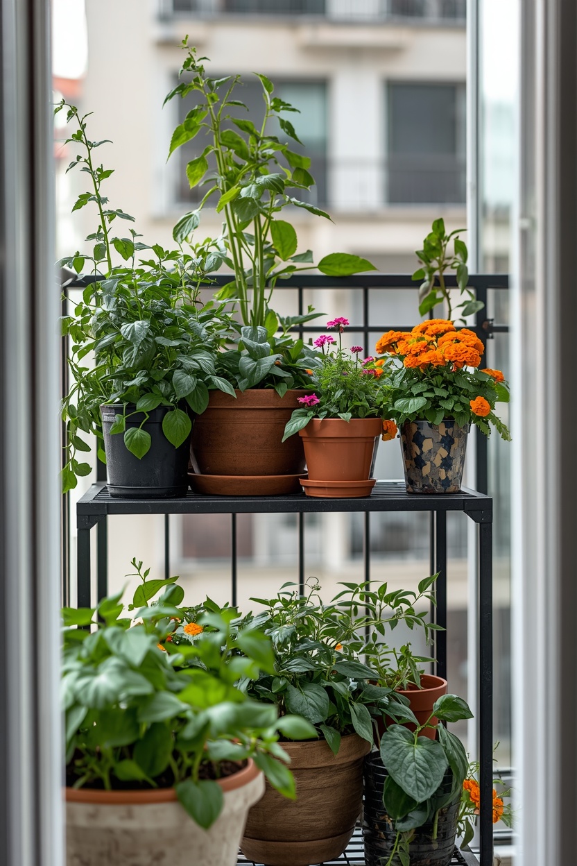 Pet-safe plants arranged on a balcony shelf away from floor level