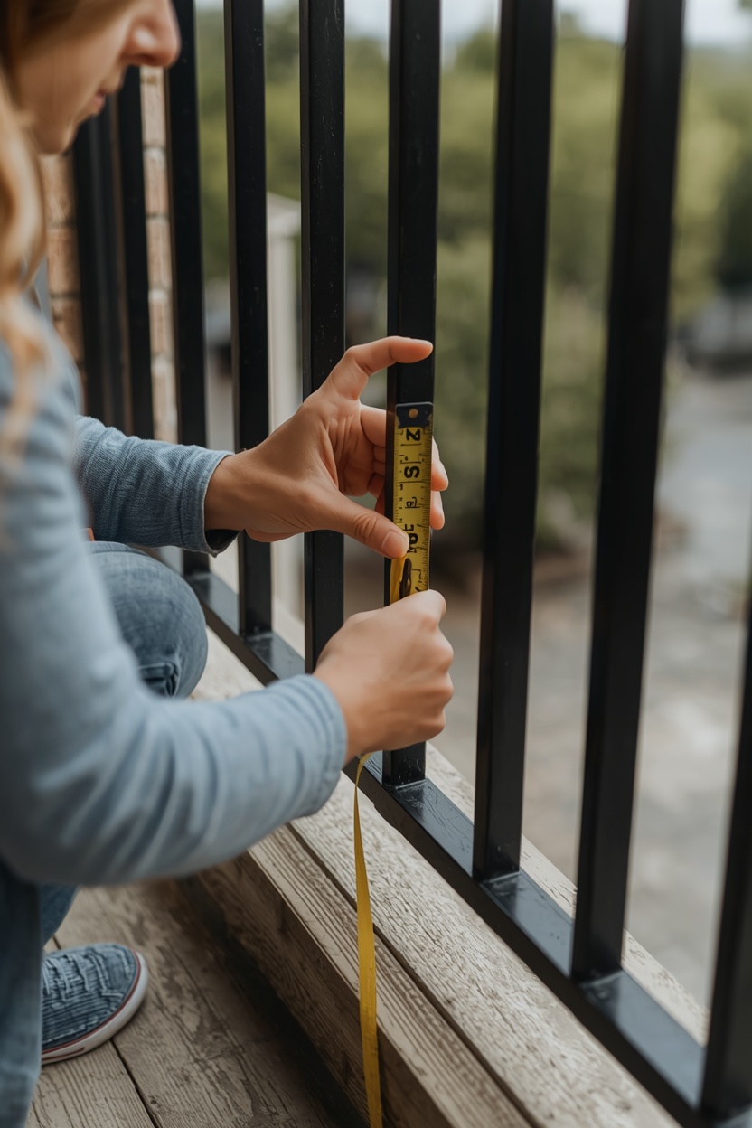 Person measuring the gap width between balcony railing bars