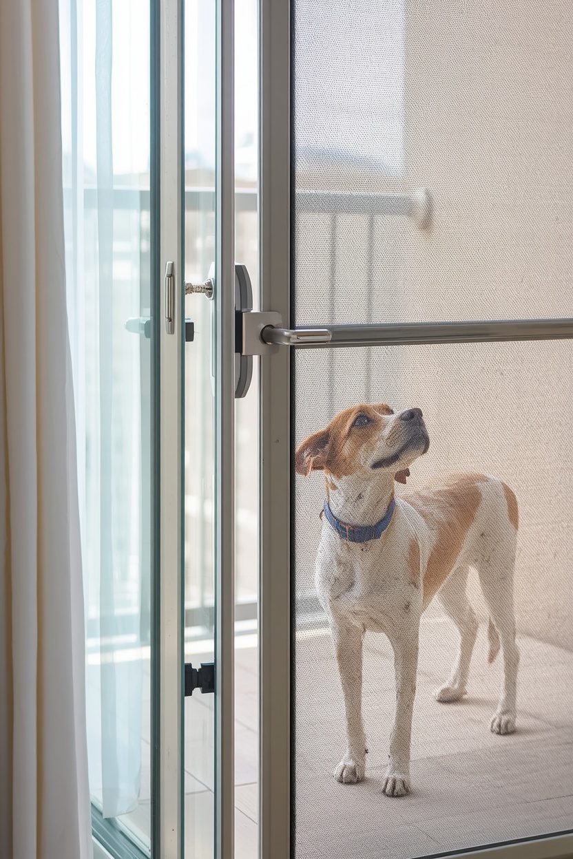 Sliding balcony door with a secure lock and screen door installed