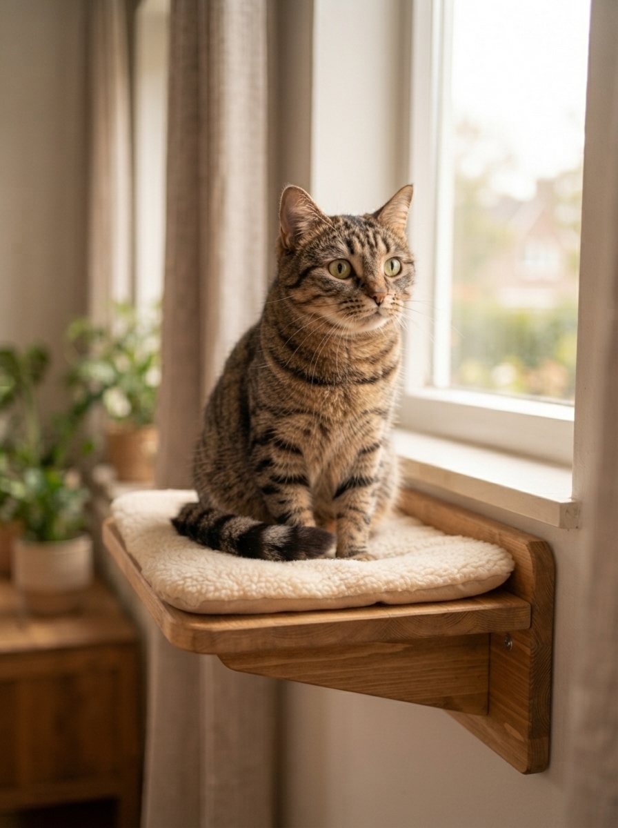 Cat sitting on a wall-mounted cat shelf near a window, looking engaged and alert