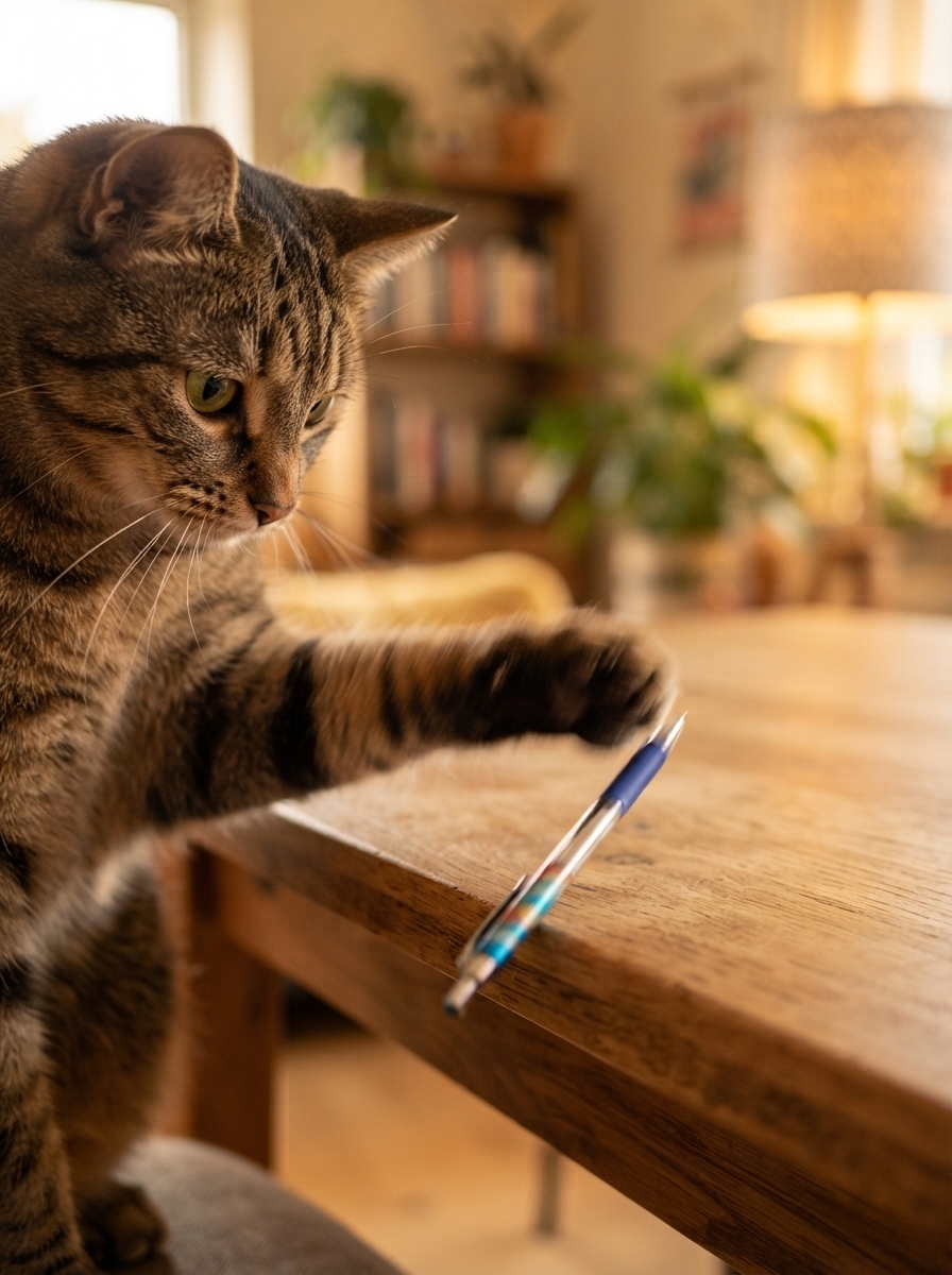 Cat batting a small object off a table with its paw out of curiosity