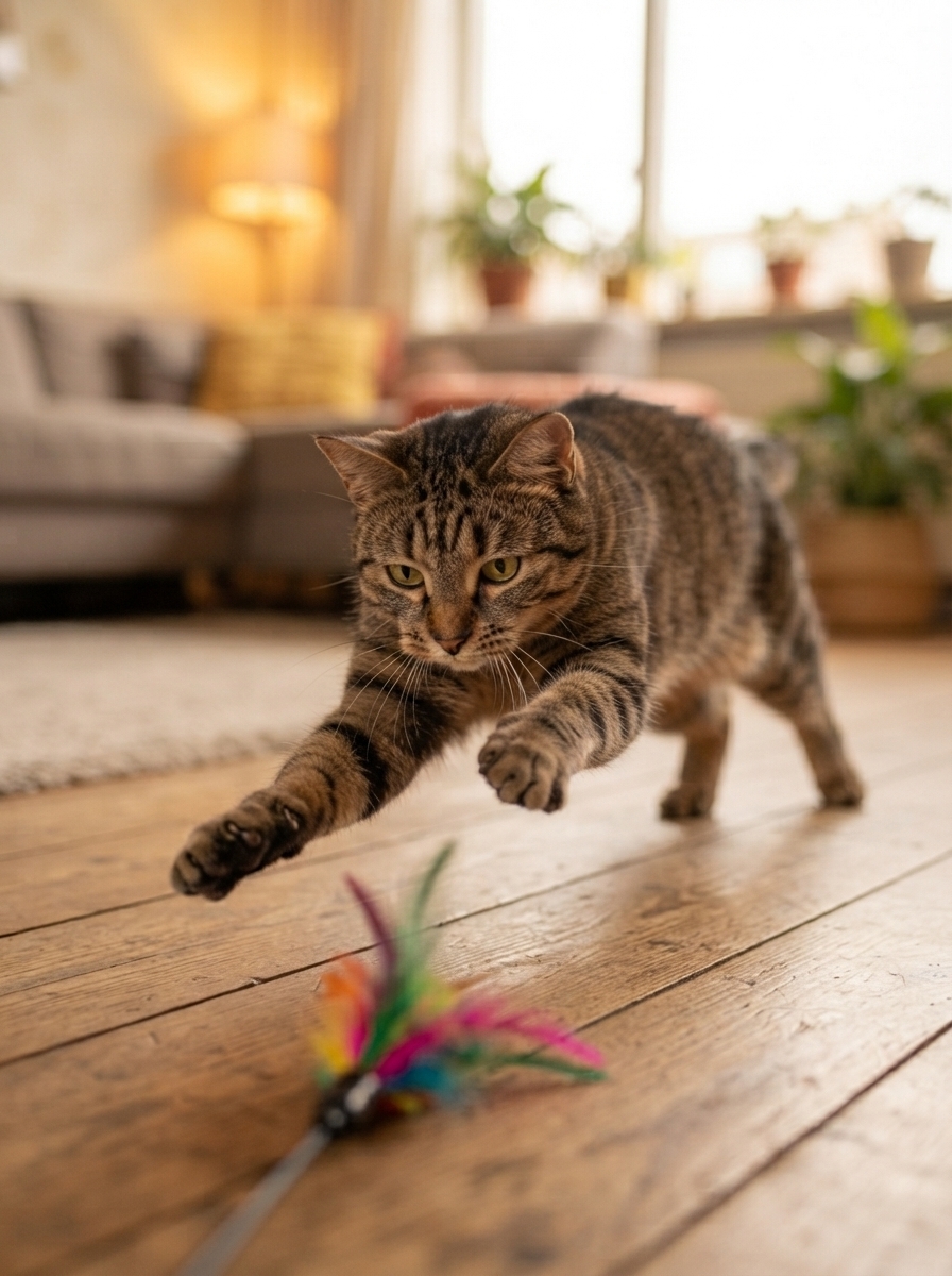 Cat crouched and pouncing on a toy in a playful hunting posture