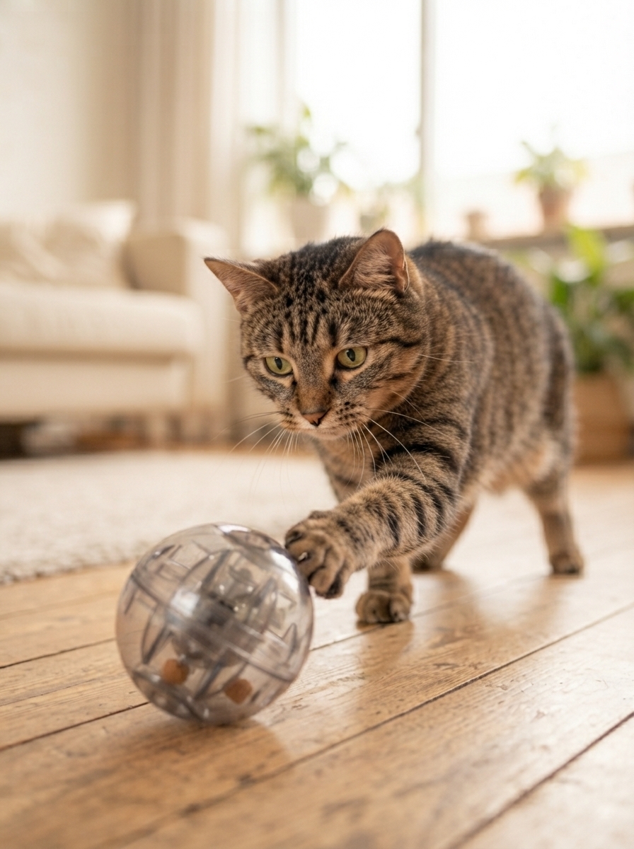 Cat playing with an interactive puzzle toy on the floor